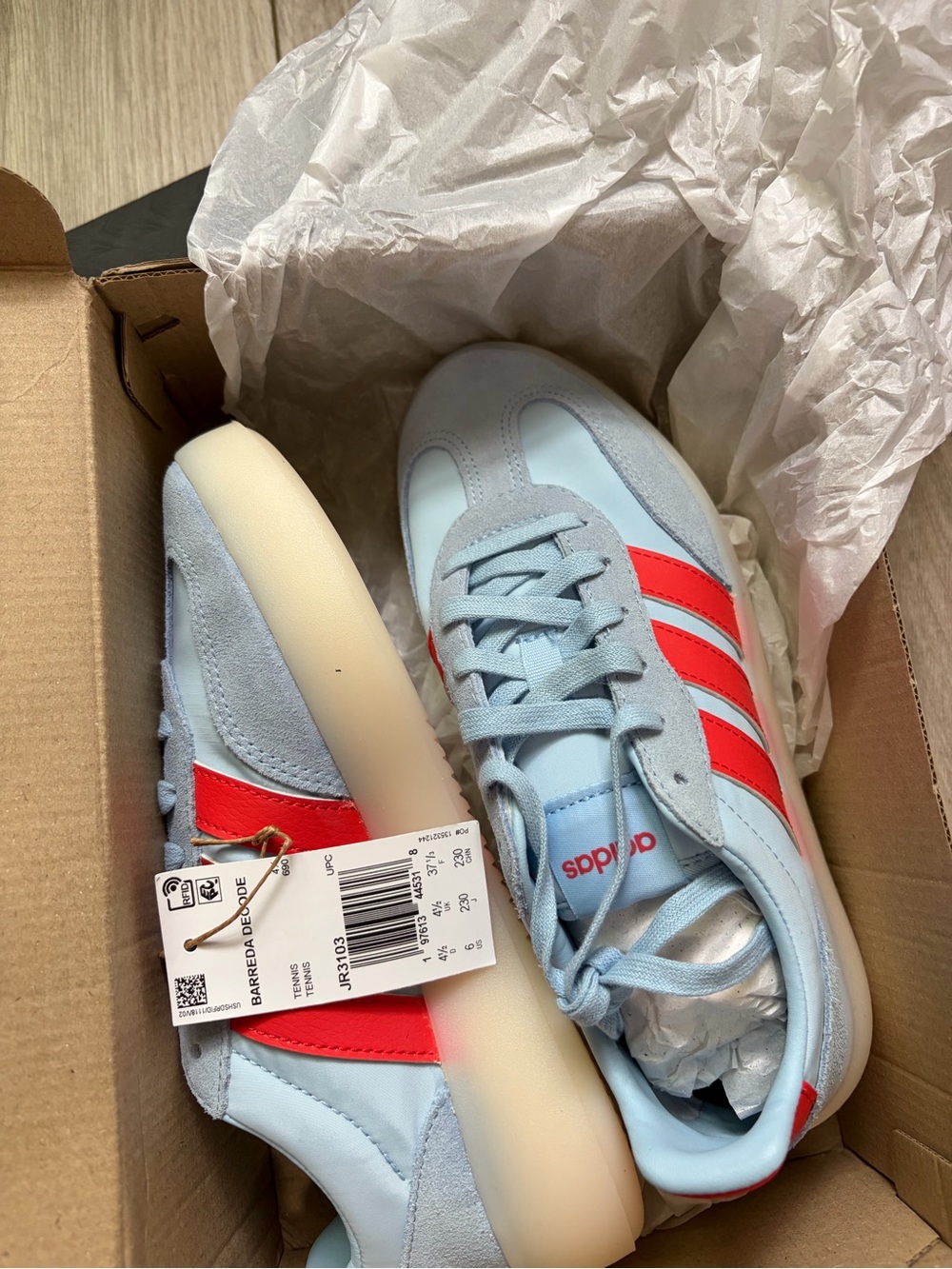 adidas Barreda Decode Light Blue Sneakers with Red Accents and Gum Sole
